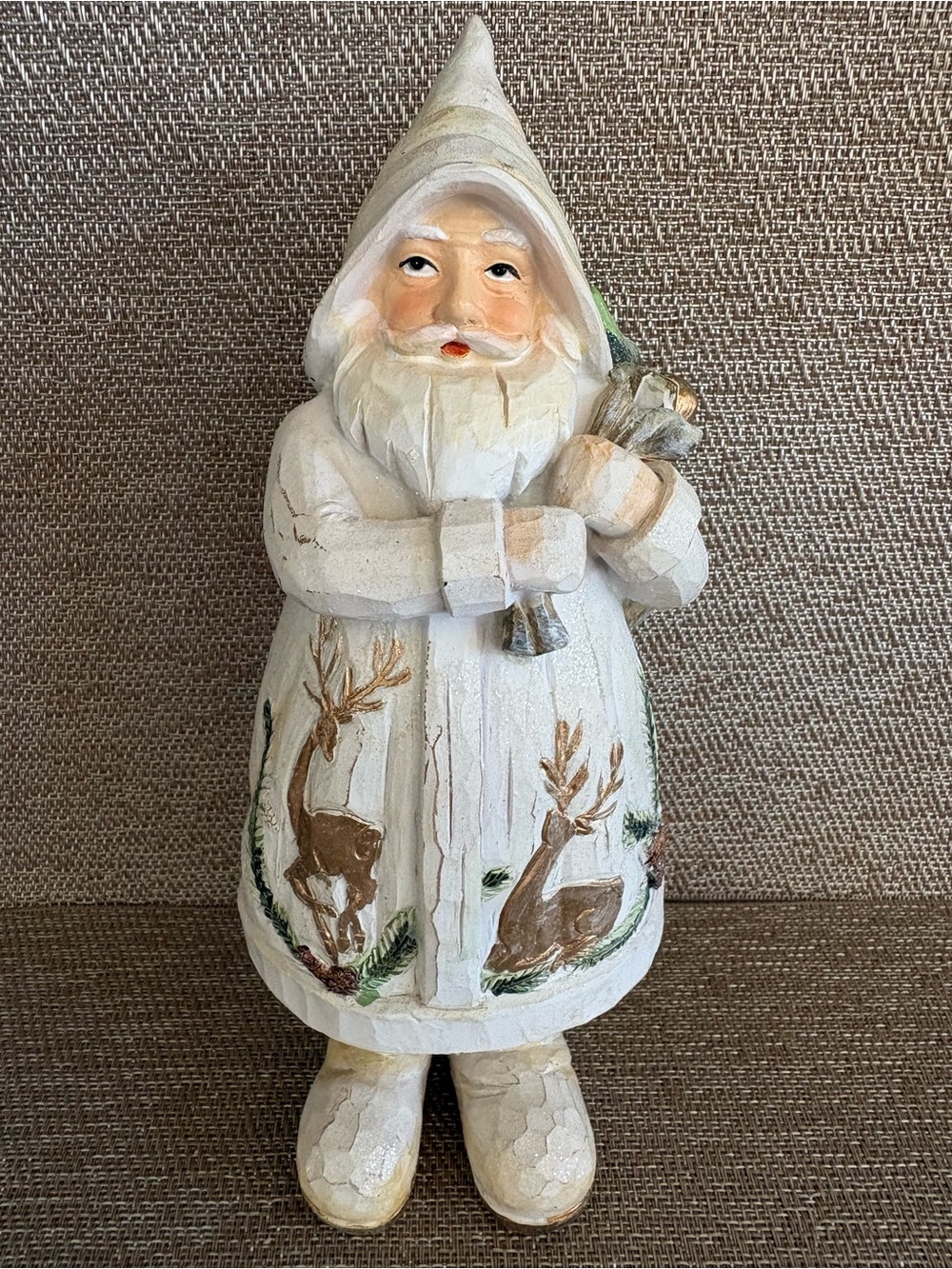Vintage Santa Figurine White Coat Carved Wood Look Rustic Reindeer Christmas 9”